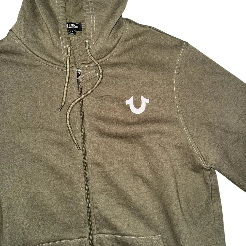 True Religion Budda Logo Seal Full Zip Hoodie Olive Green Stretch Size Large